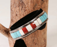 Zuni Sterling Silver Multi Stone Inlay Cuff Bracelet