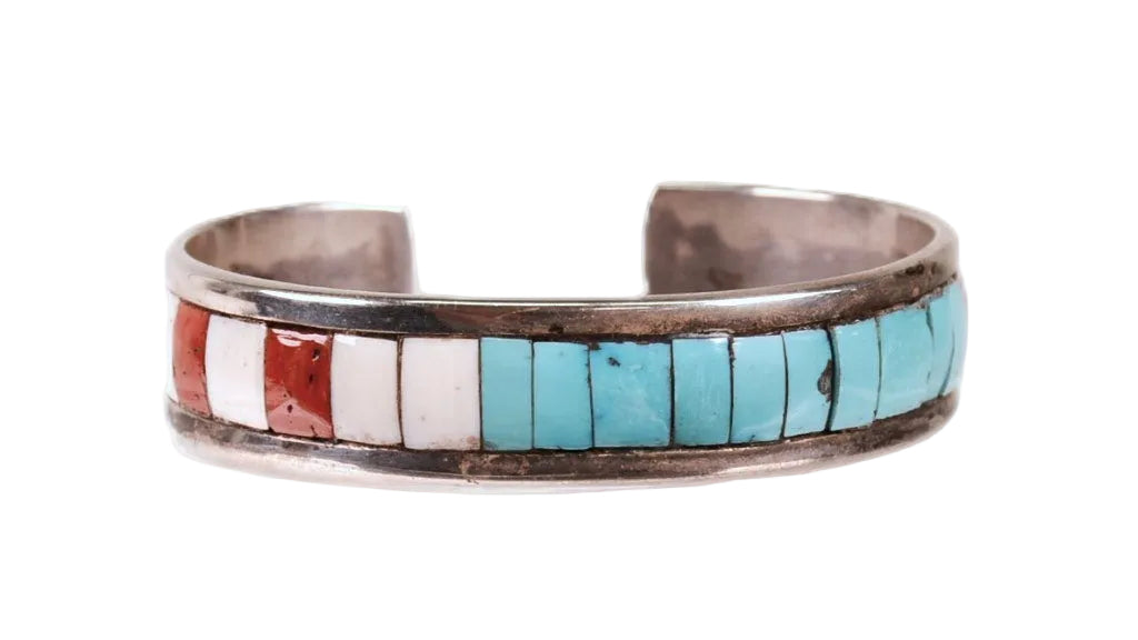Zuni Sterling Silver Multi Stone Inlay Cuff Bracelet