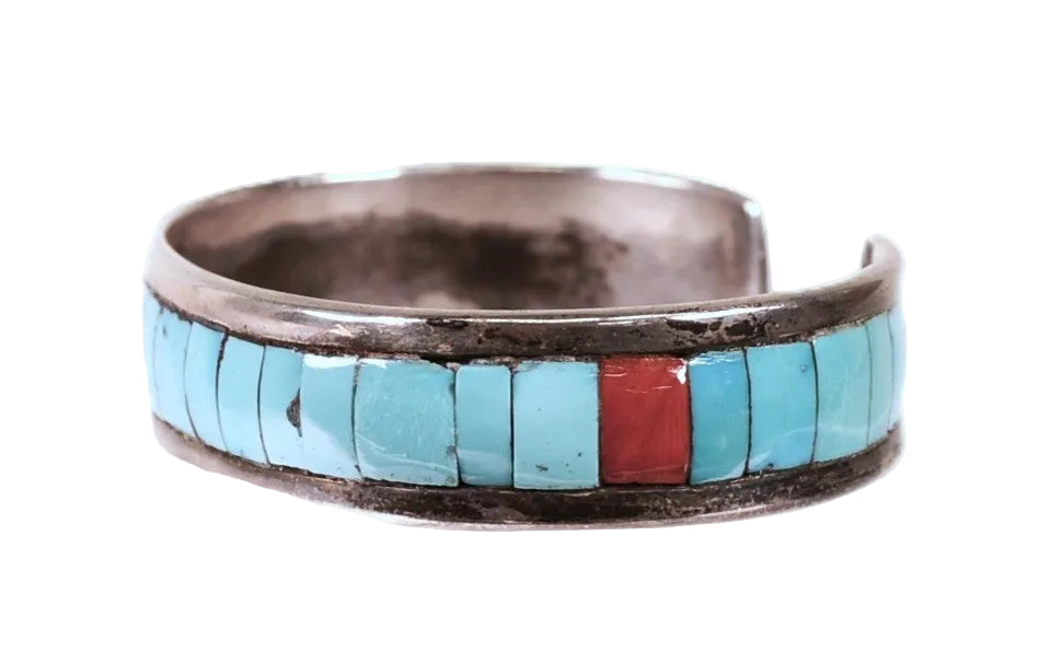 Zuni Sterling Silver Multi Stone Inlay Cuff Bracelet