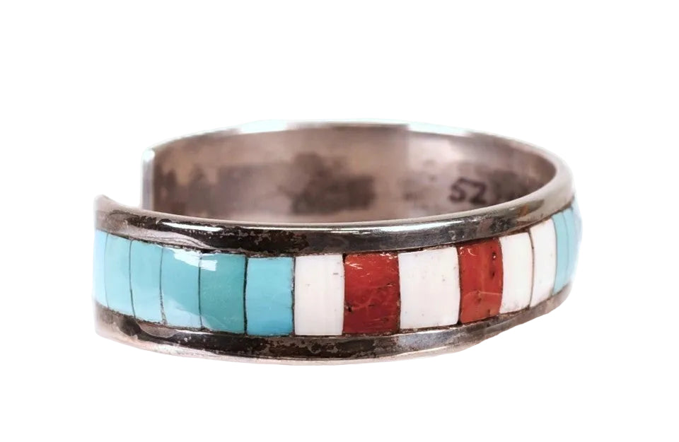 Zuni Sterling Silver Multi Stone Inlay Cuff Bracelet