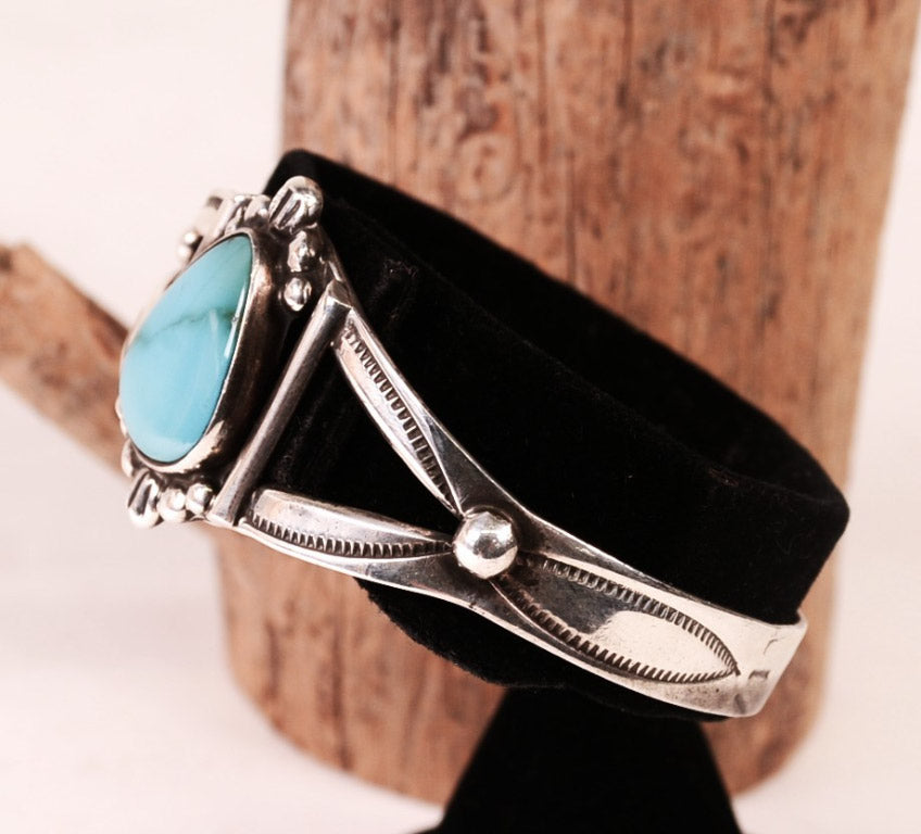 Navajo Sterling Silver Bracelet with one Light Turquoise Rounded Triangle Setting