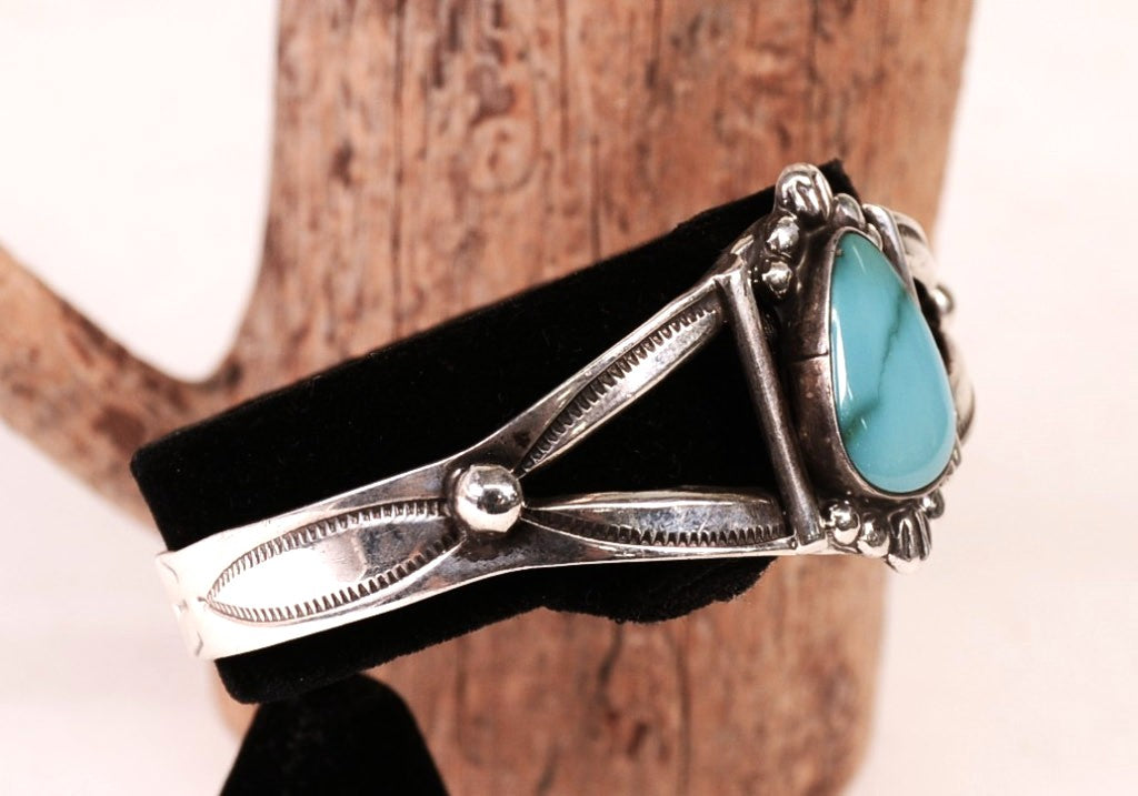 Navajo Sterling Silver Bracelet with one Light Turquoise Rounded Triangle Setting