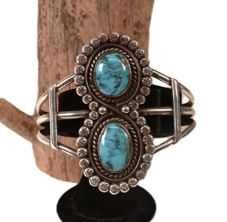 Navajo Bracelet with 2 Blue Bisbee Turquoise Settings