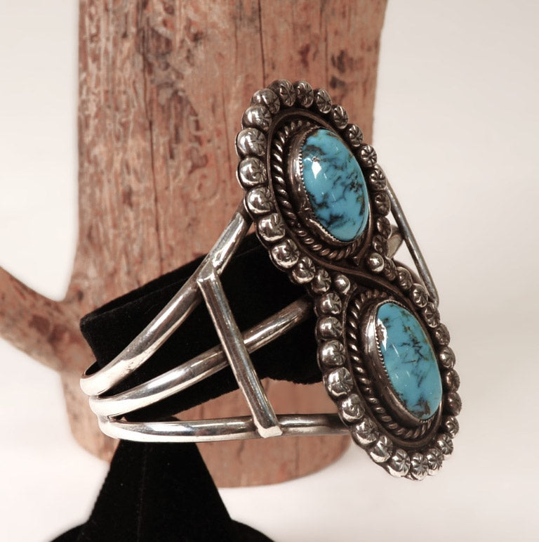 Navajo Bracelet with 2 Blue Bisbee Turquoise Settings