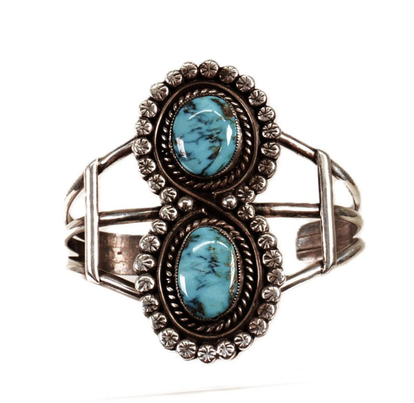 Navajo Bracelet with 2 Blue Bisbee Turquoise Settings