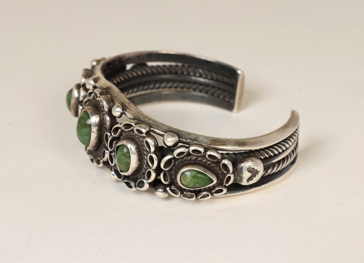 Navajo Sterling Silver Five Green Settings Bracelet