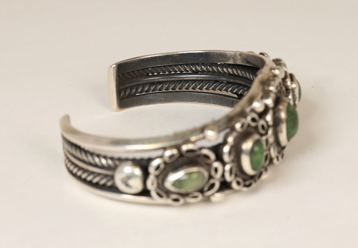 Navajo Sterling Silver Five Green Settings Bracelet