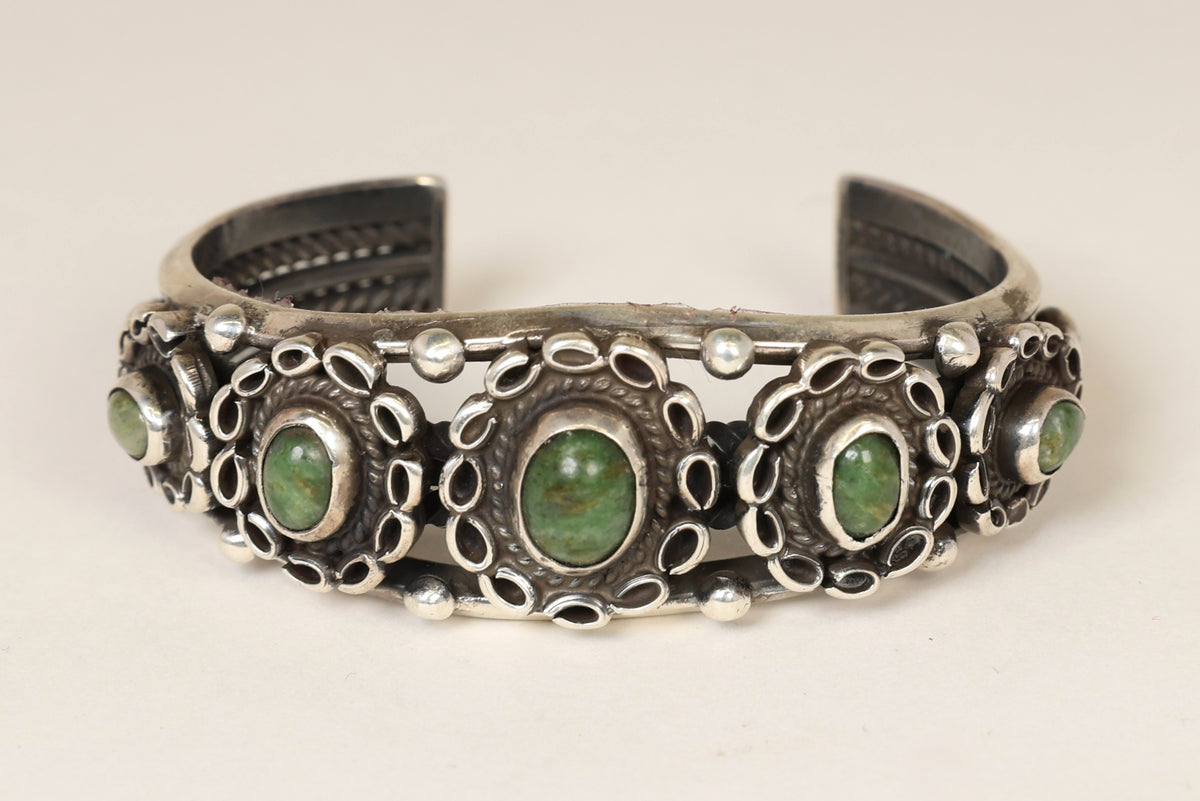 Navajo Sterling Silver Five Green Settings Bracelet
