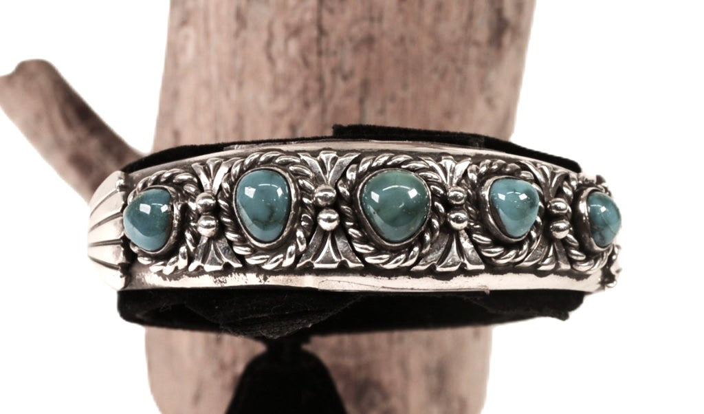 Navajo Sterling Silver 5 Natural Turquoise Bracelet