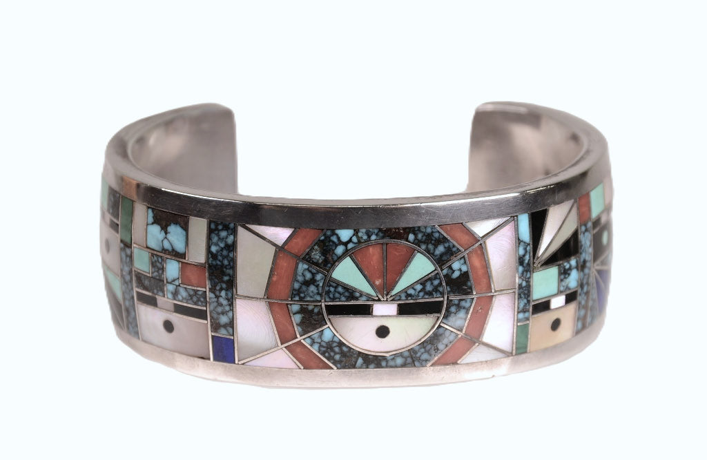 Zuni "Sunface and Yei" Sterling Silver Multistone Inlay Cuff Bracelet by Gilbert Calavaza