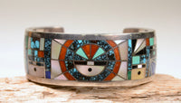 Zuni "Sunface and Yei" Sterling Silver Multistone Inlay Cuff Bracelet by Gilbert Calavaza