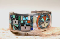 Zuni "Sunface and Yei" Sterling Silver Multistone Inlay Cuff Bracelet by Gilbert Calavaza