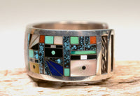 Zuni "Sunface and Yei" Sterling Silver Multistone Inlay Cuff Bracelet by Gilbert Calavaza