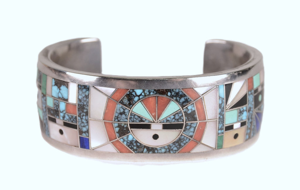 Zuni "Sunface and Yei" Sterling Silver Multistone Inlay Cuff Bracelet by Gilbert Calavaza