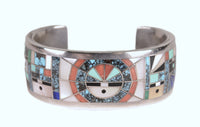 Zuni "Sunface and Yei" Sterling Silver Multistone Inlay Cuff Bracelet by Gilbert Calavaza