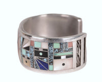 Zuni "Sunface and Yei" Sterling Silver Multistone Inlay Cuff Bracelet by Gilbert Calavaza