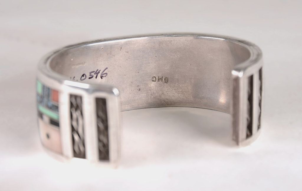 Zuni "Sunface and Yei" Sterling Silver Multistone Inlay Cuff Bracelet by Gilbert Calavaza