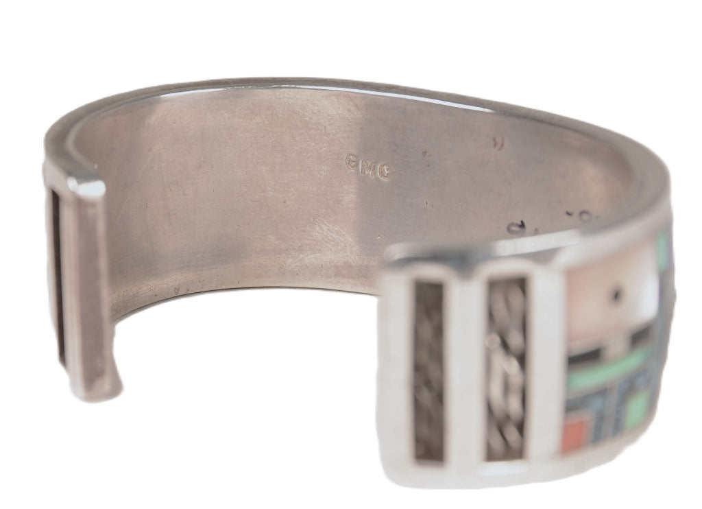 Zuni "Sunface and Yei" Sterling Silver Multistone Inlay Cuff Bracelet by Gilbert Calavaza