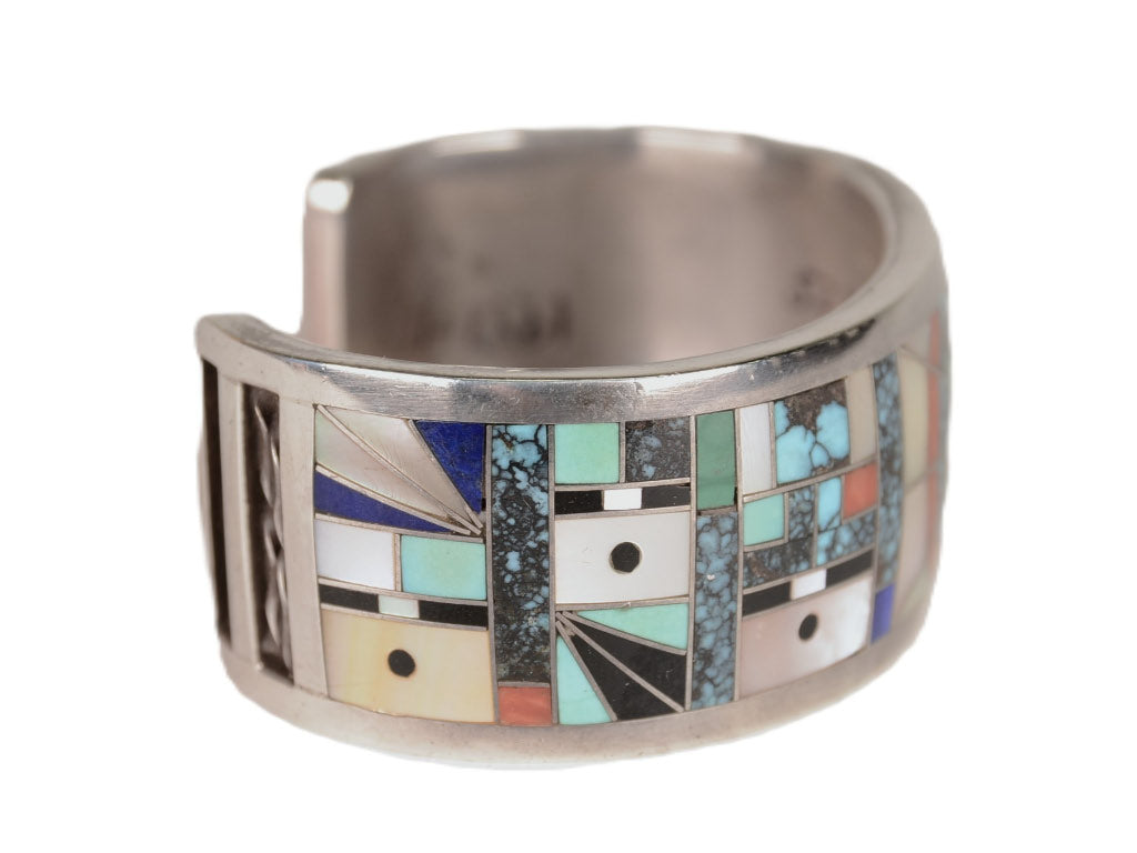 Zuni "Sunface and Yei" Sterling Silver Multistone Inlay Cuff Bracelet by Gilbert Calavaza