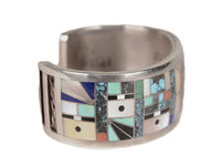 Zuni "Sunface and Yei" Sterling Silver Multistone Inlay Cuff Bracelet by Gilbert Calavaza