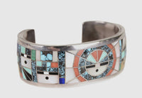 Zuni "Sunface and Yei" Sterling Silver Multistone Inlay Cuff Bracelet by Gilbert Calavaza