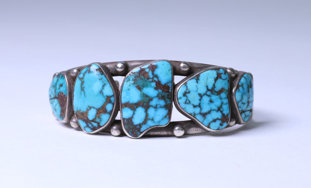 Navajo Cuff Bracelet with Five Lone Mountain Turquoise Settings