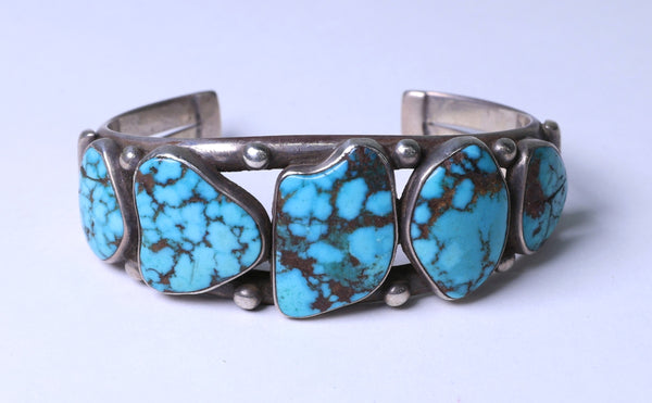 Navajo Cuff Bracelet with Five Lone Mountain Turquoise Settings