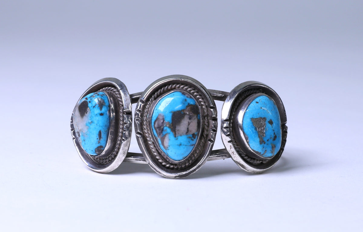 Navajo Cuff Bracelet with Three Turquoise Settings