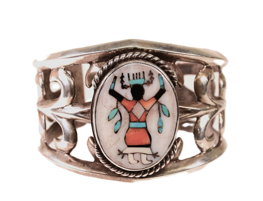 Navajo Sterling Silver Bracelet with Multi Stone Gahn Dancer Inlayed
