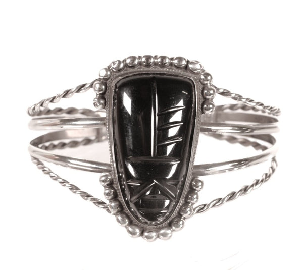 Vintage Mexican Sterling Silver and Carved Obsidian Cuff Bracelet