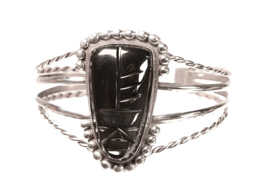 Vintage Mexican Sterling Silver and Carved Obsidian Cuff Bracelet