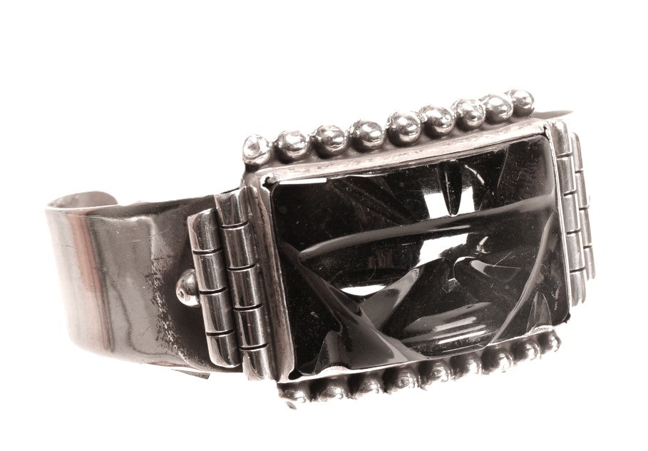 Vintage Mexican Sterling Silver and Carved Obsidian Cuff Bracelet