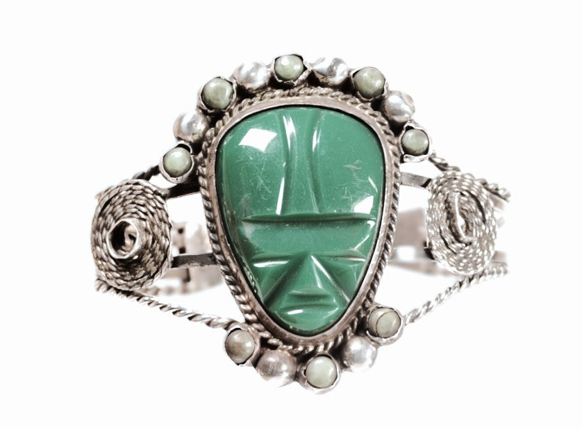 Vintage Mexican Sterling Silver and Carved Green Bakelite Cuff Bracelet