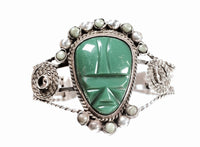 Vintage Mexican Sterling Silver and Carved Green Bakelite Cuff Bracelet