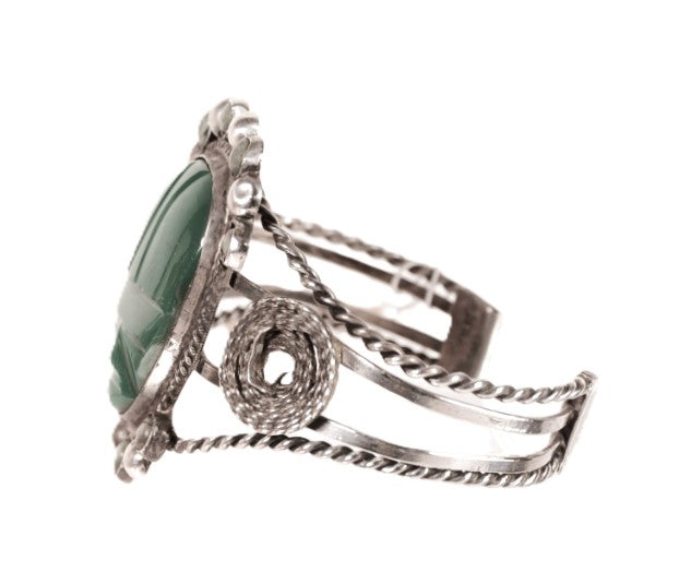 Vintage Mexican Sterling Silver and Carved Green Bakelite Cuff Bracelet