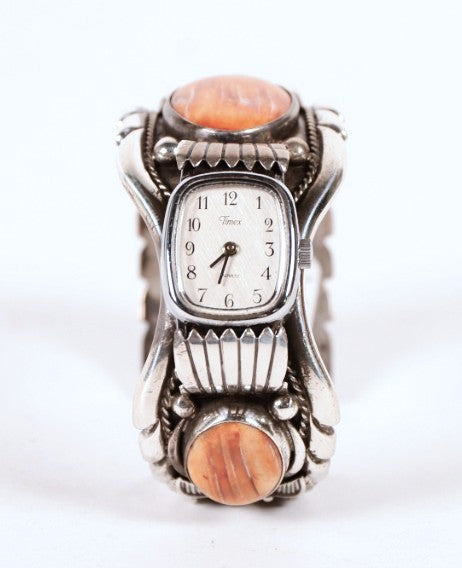 Navajo Sterling Silver and Spondylus Shell Cuff Watch Bracelet