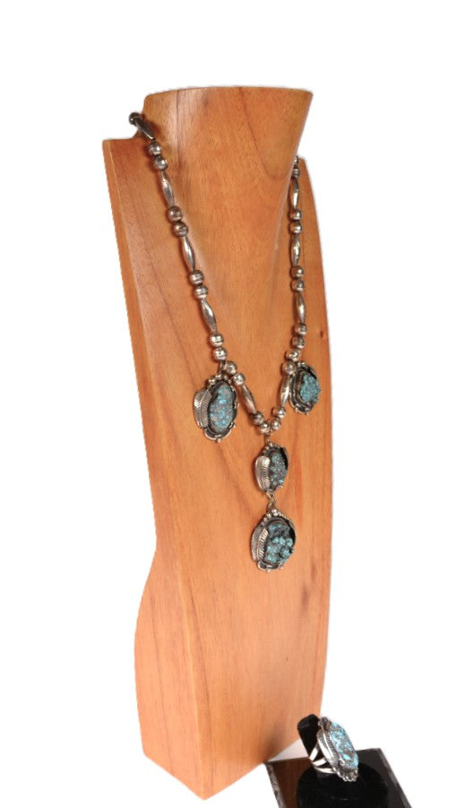 Navajo Sterling Silver and Blue Turquoise Necklace and Ring Set By Jene Pepevich