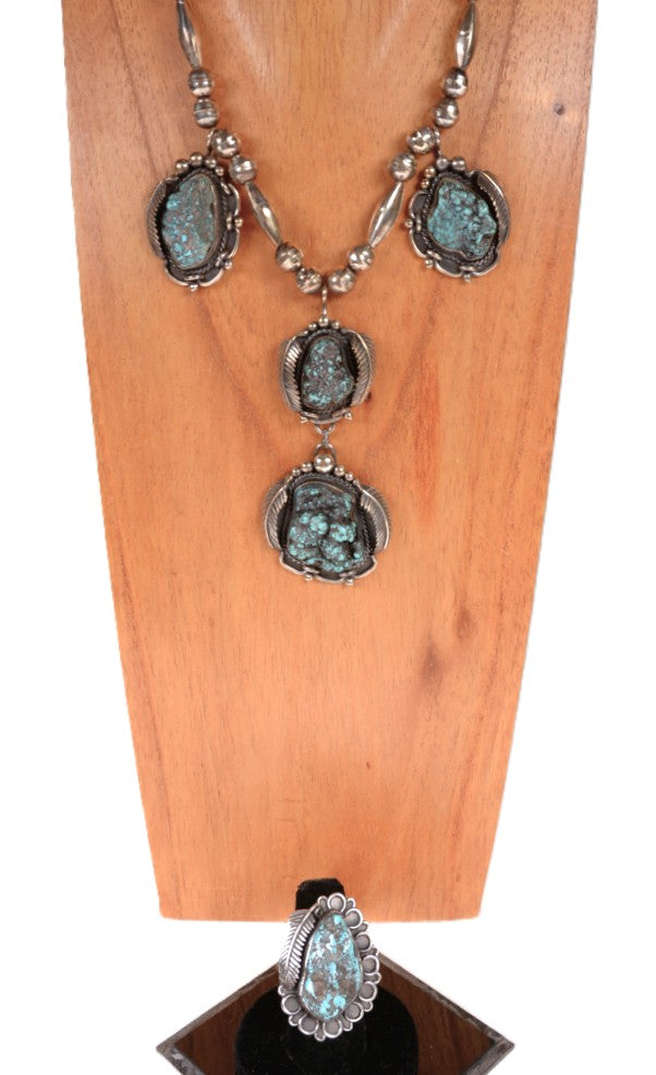 Navajo Sterling Silver and Blue Turquoise Necklace and Ring Set By Jene Pepevich