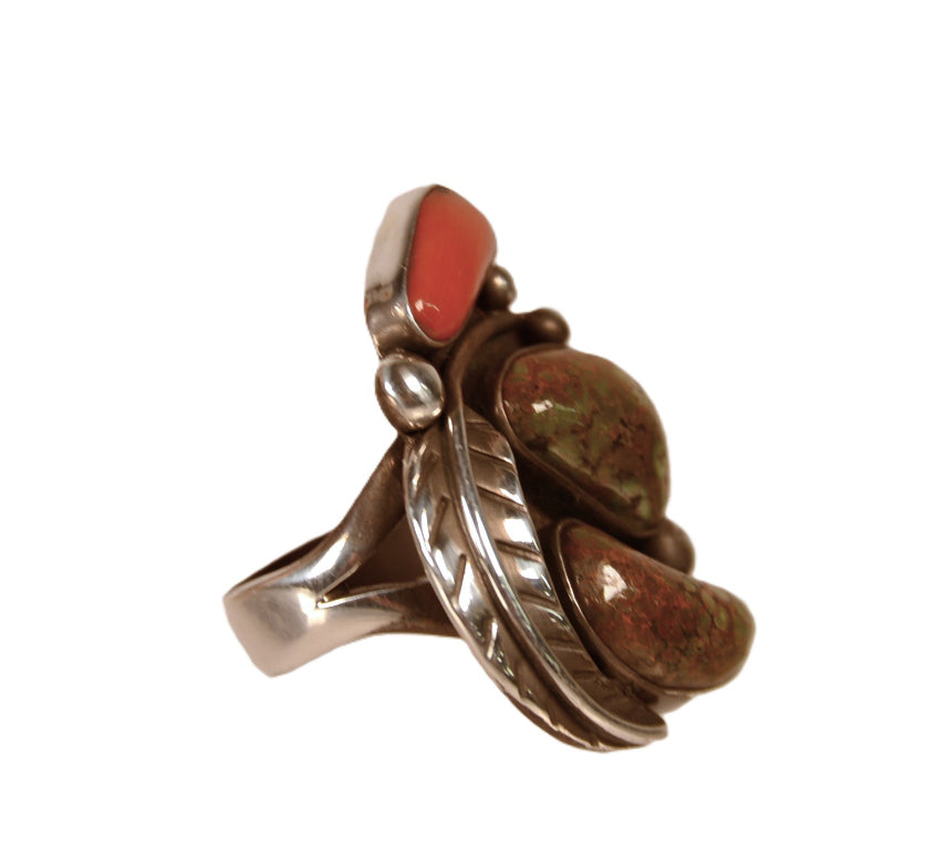 Navajo Green Turquoise and Coral Ring