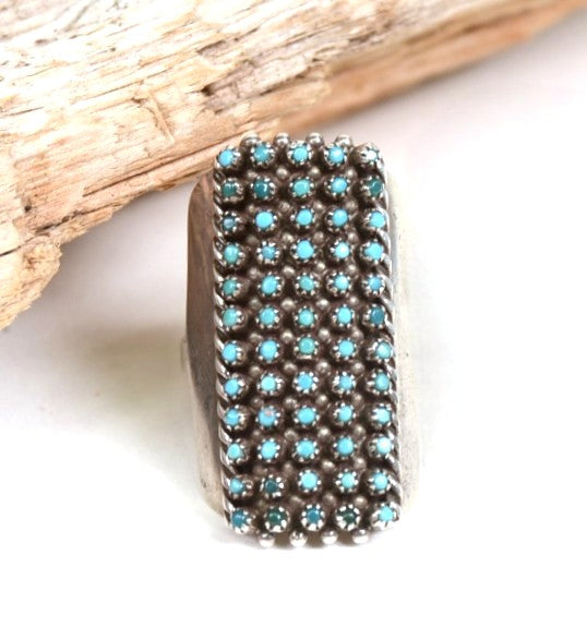 Zuni Pueblo Turquoise Ring  60 Petite Point Turquoise Stones  Signed Lloyd Amesoli