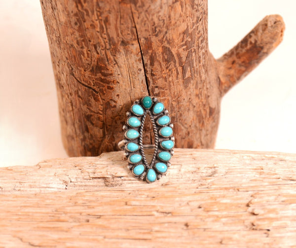 Zuni Sterling Silver Ring with 14 Oval Turquoise Settings