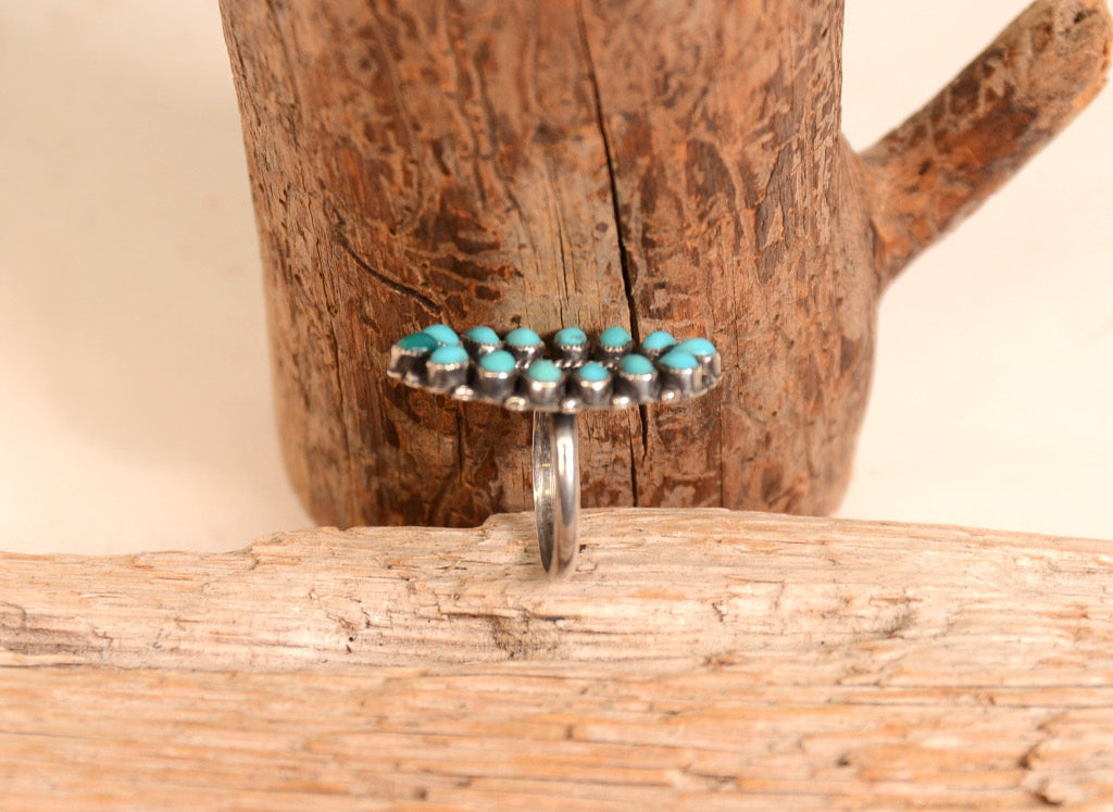 Zuni Sterling Silver Ring with 14 Oval Turquoise Settings