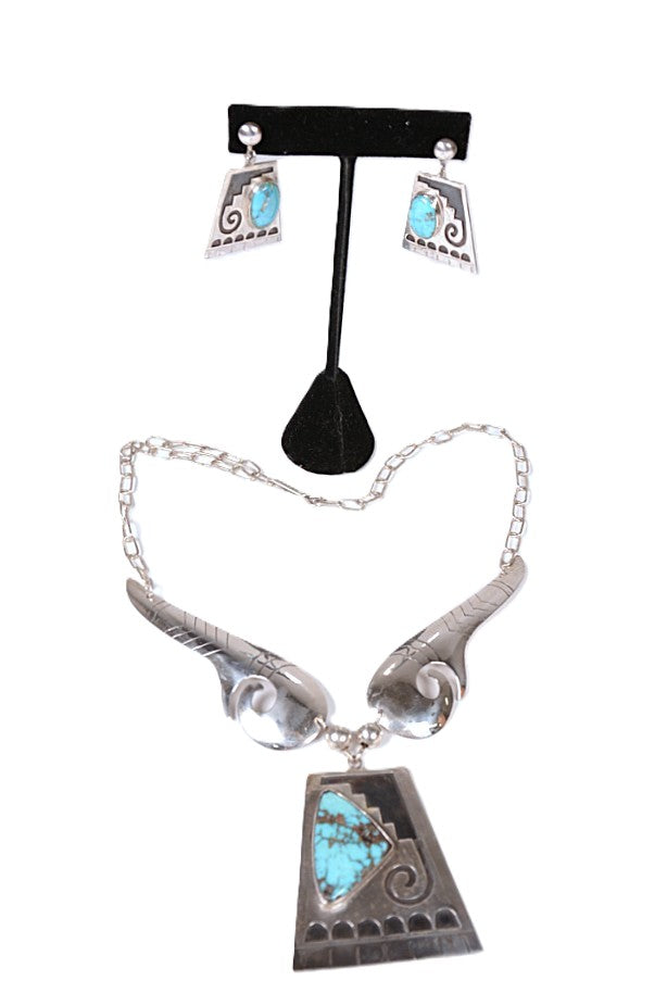Sterling Silver and Turquoise Necklace and Post Earring Set By Paul Lawrence