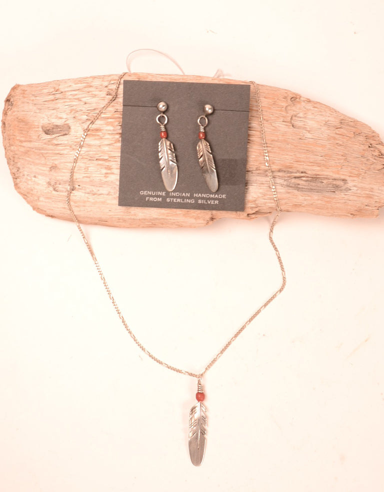 Navajo Sterling Silver Feather Necklace and Earrings Set