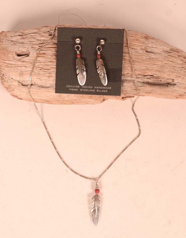 Navajo Sterling Silver Feather Necklace and Earrings Set