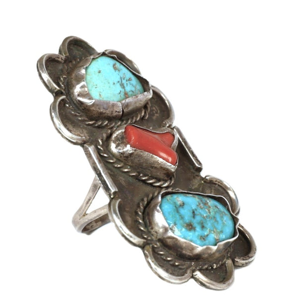 Large Vintage Navajo Sterling Silver with Turquoise and Coral Ring