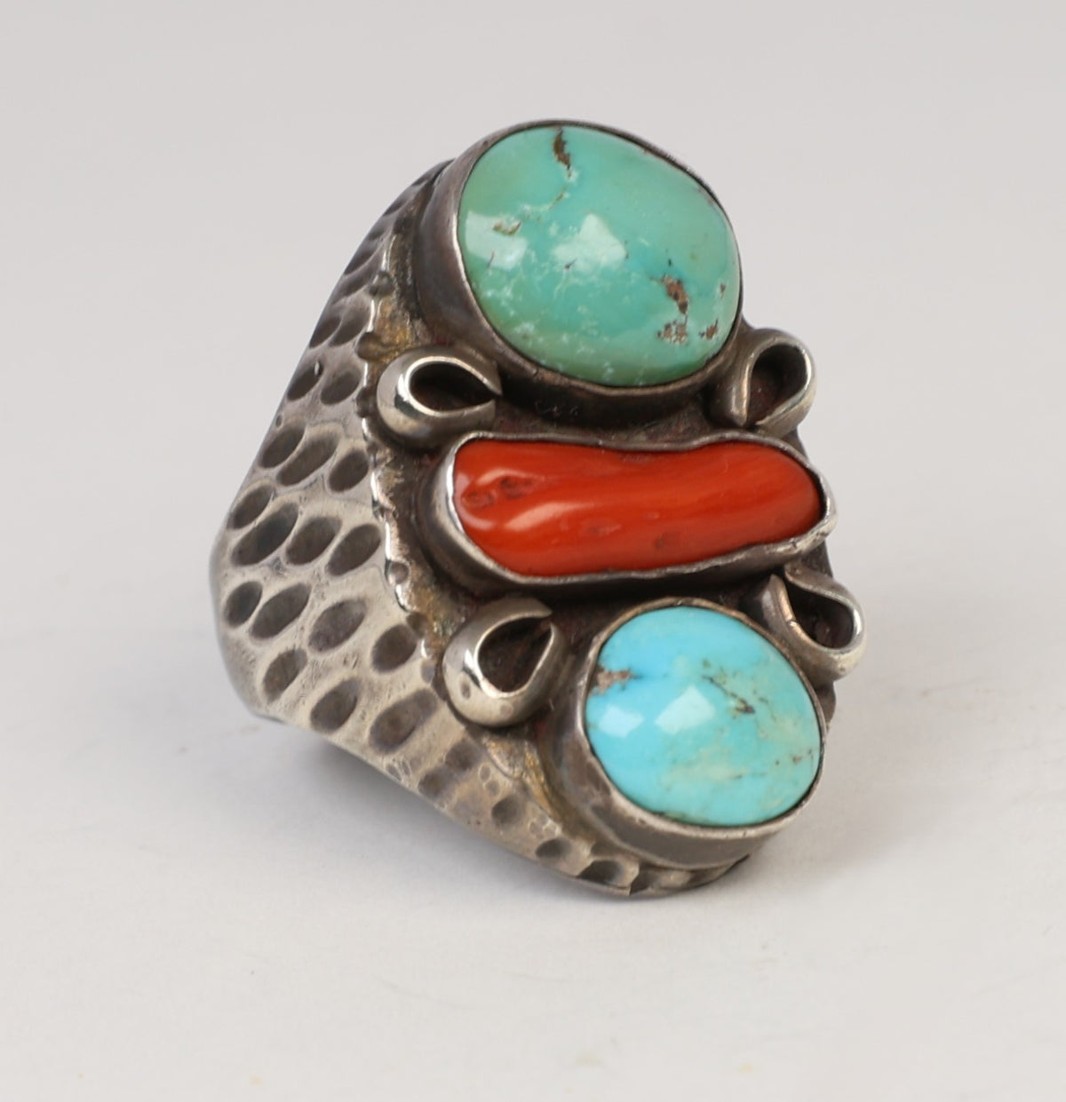Navajo Sterling Silver Ring With Turquoise and Coral Settings