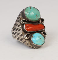 Navajo Sterling Silver Ring With Turquoise and Coral Settings