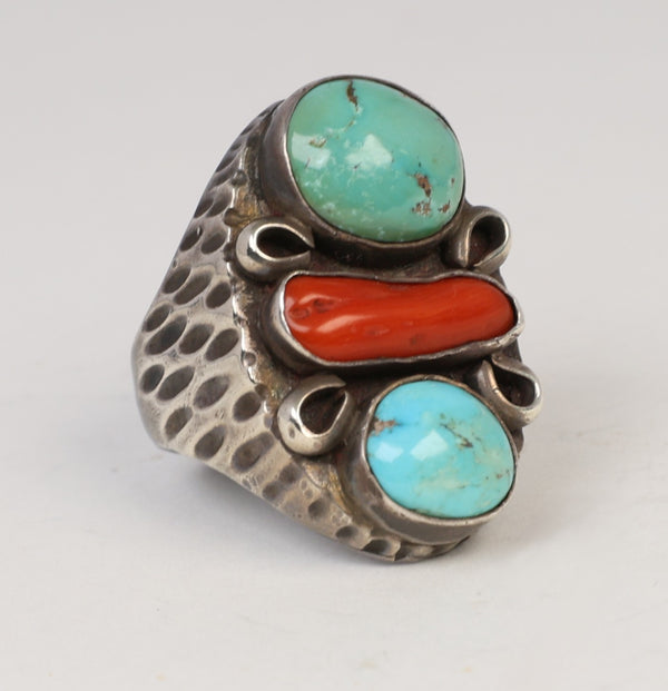 Navajo Sterling Silver Ring With Turquoise and Coral Settings