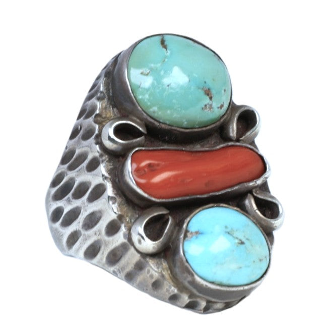 Navajo Sterling Silver With Turquoise and Coral Ring